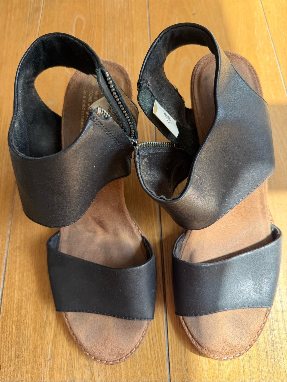 Toms Black Leather Wedge Sandals